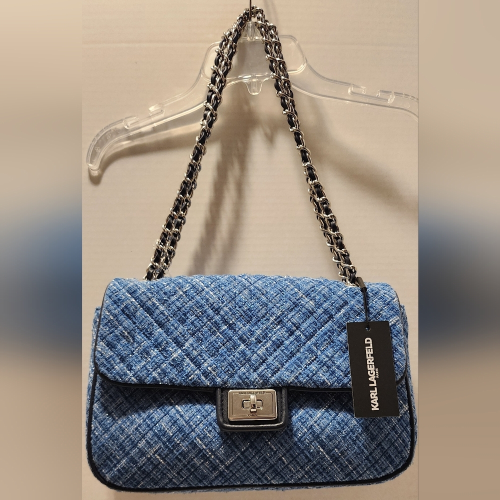 KARL LAGERFELD Paris Agyness Quilted Denim Shoulder Bag NWT - Picture 2 of 10